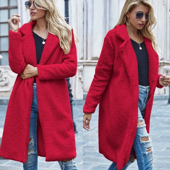 Red fur long teddy jacket coat fall trench coat - Picture 3 of 3